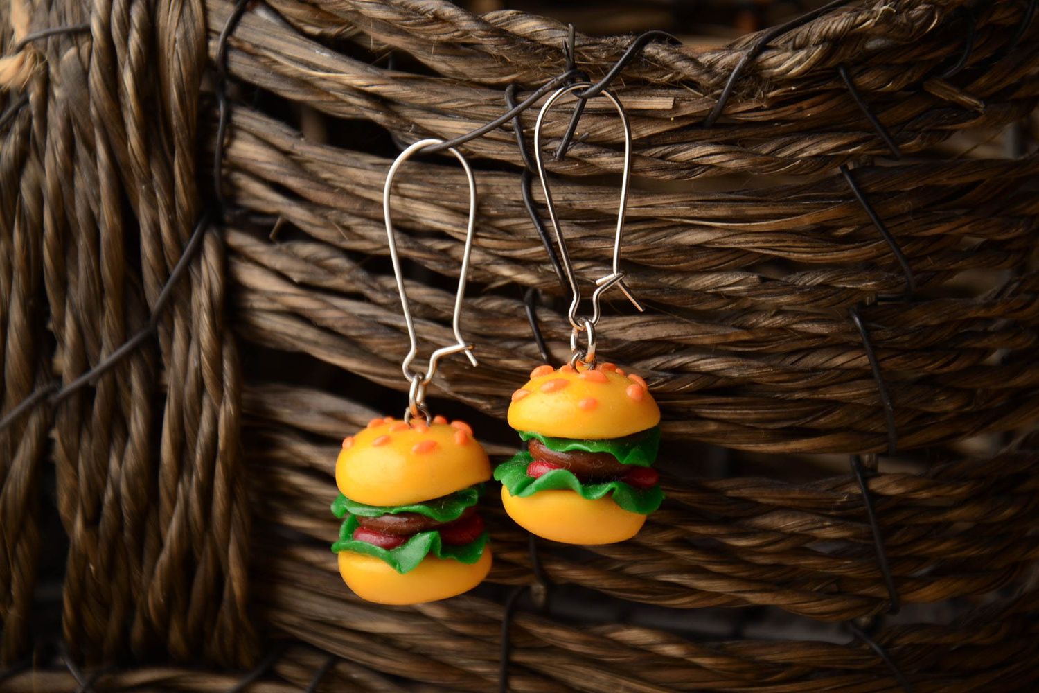 Polymer clay dangle earrings in the shape of hamburgers photo 1