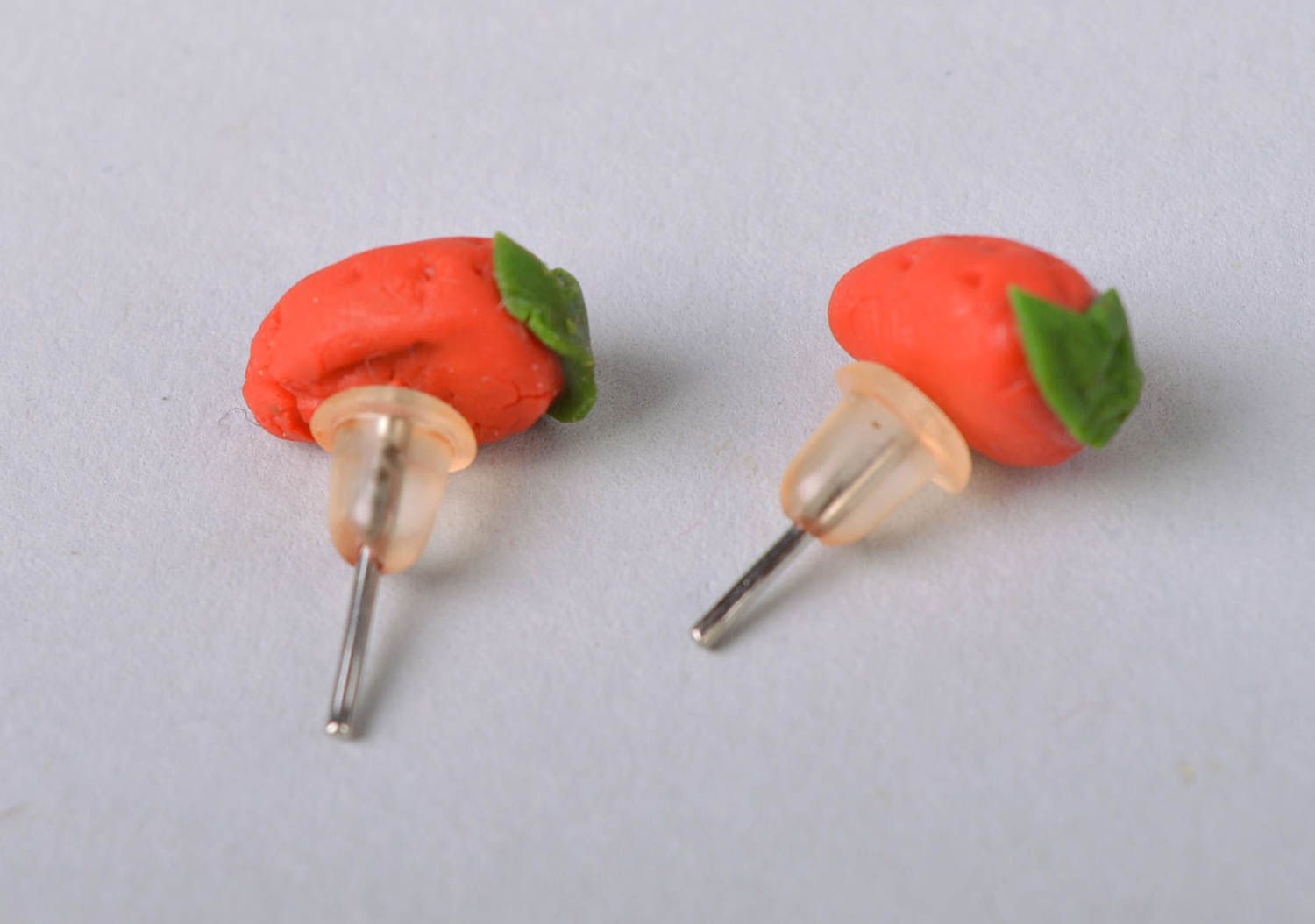Handmade small cute stud earrings with cold porcelain red strawberries photo 3