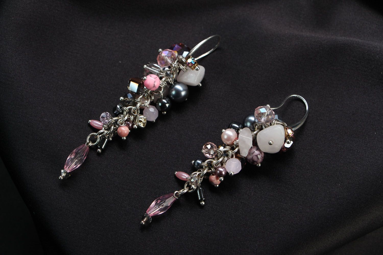 Handmade earrings with pink quartz photo 1