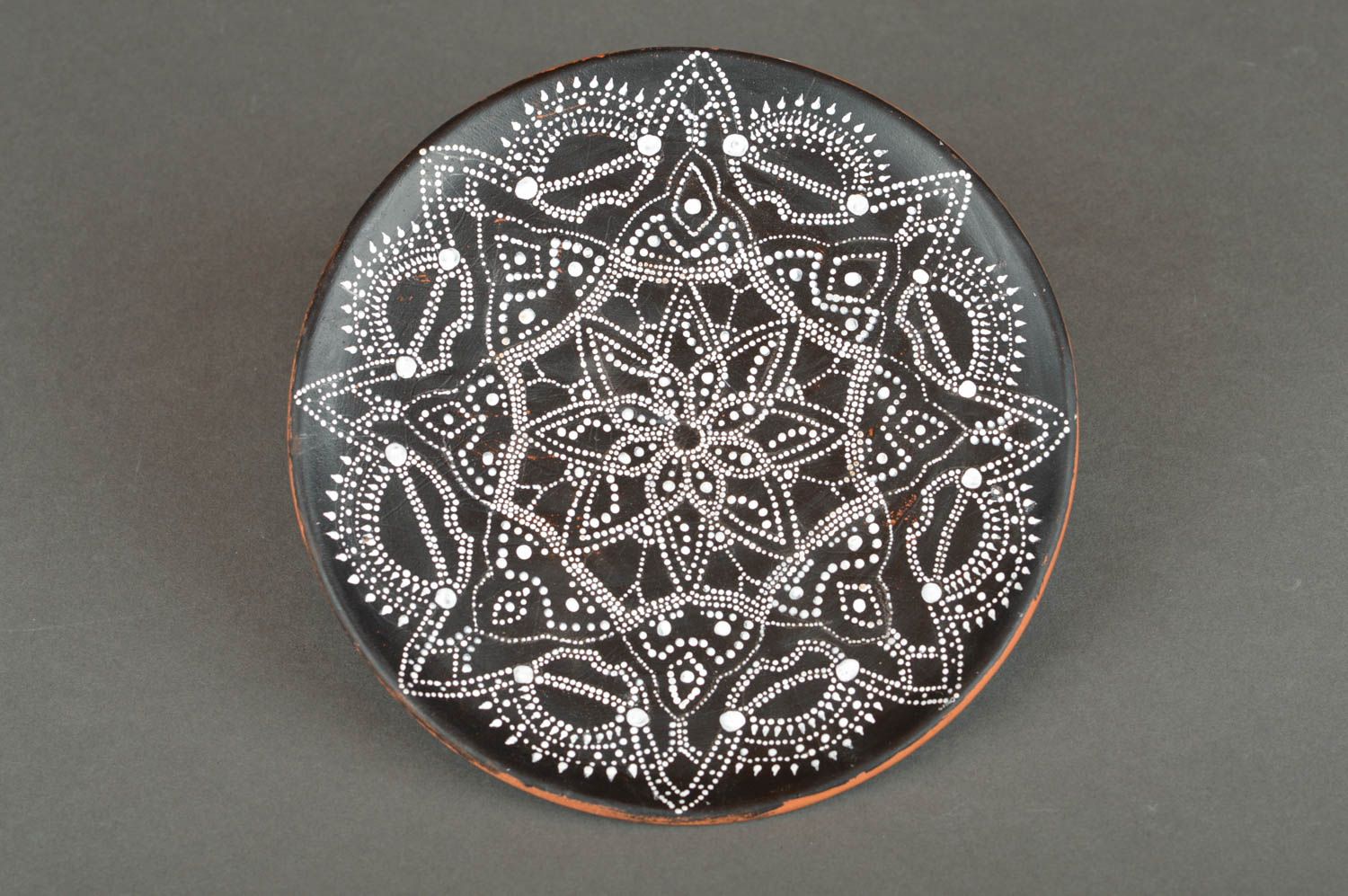 Handmade designer round ceramic plate for home decor black with dot painting photo 3
