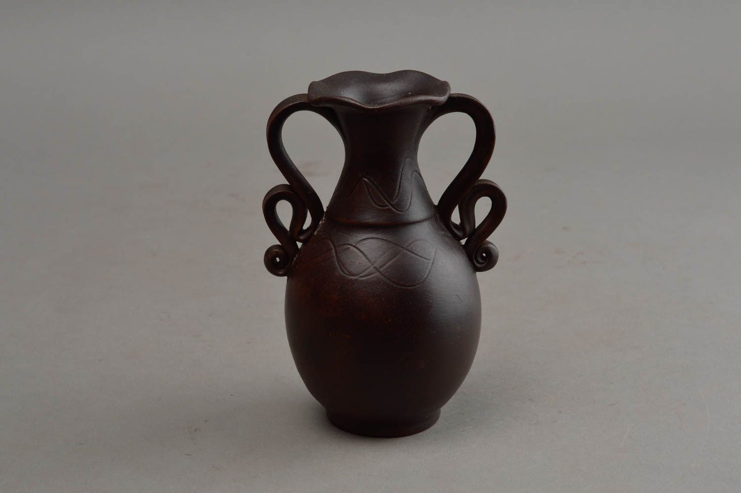 20 oz brown ceramic clay flower vase, wine carafe with two handles 5 inches, 0,5 lb photo 7