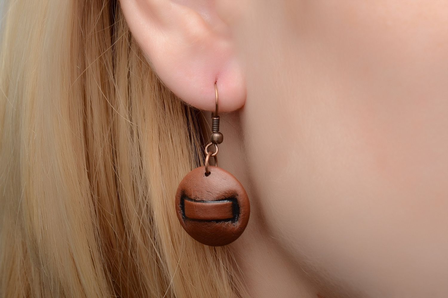 Handmade festive brown ceramic dangle earrings of round shape painted with enamel photo 2