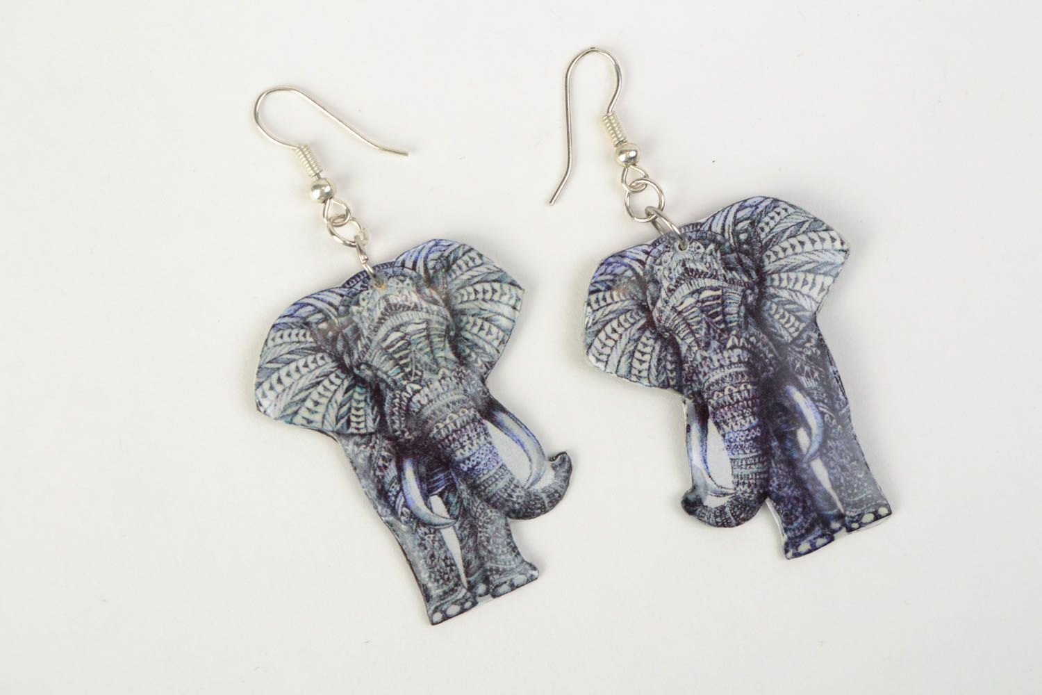 Unusual handmade decoupage plastic earrings in the shape of elephants photo 3