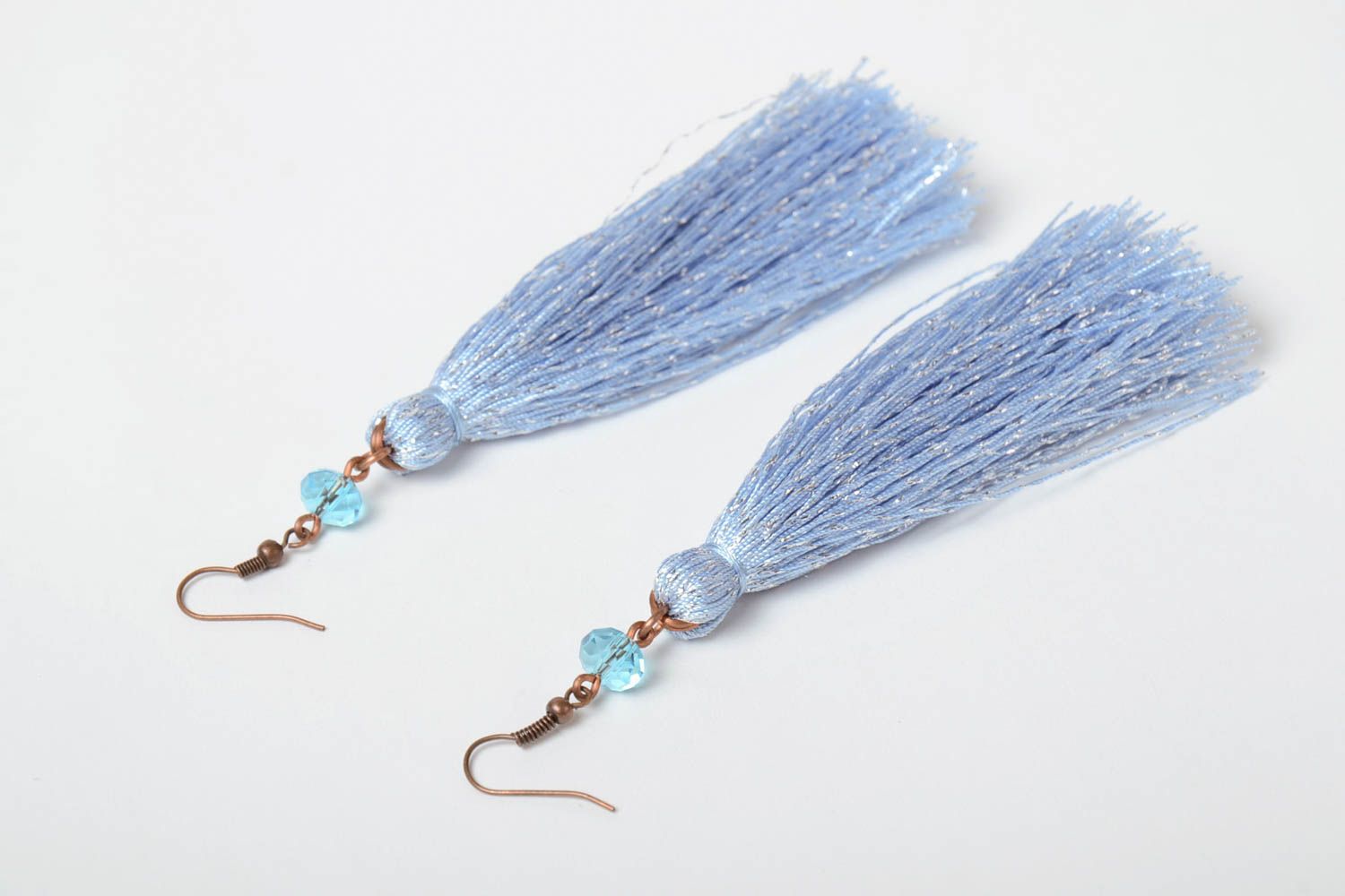 Beautiful stylish handmade blue textile tassel earrings with quartz beads photo 4