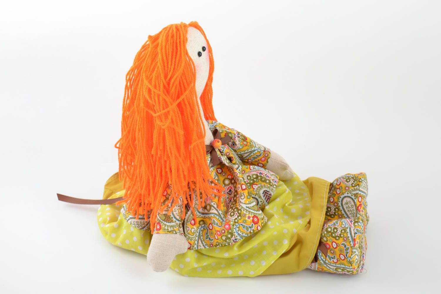 Beautiful handmade children's fabric soft doll girl with ginger hair photo 2