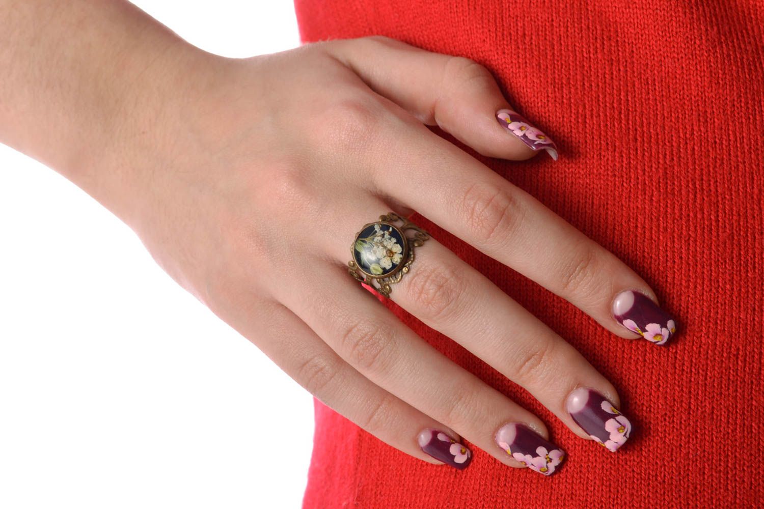 Dried flowers in epoxy resin ring with adjustable size photo 1