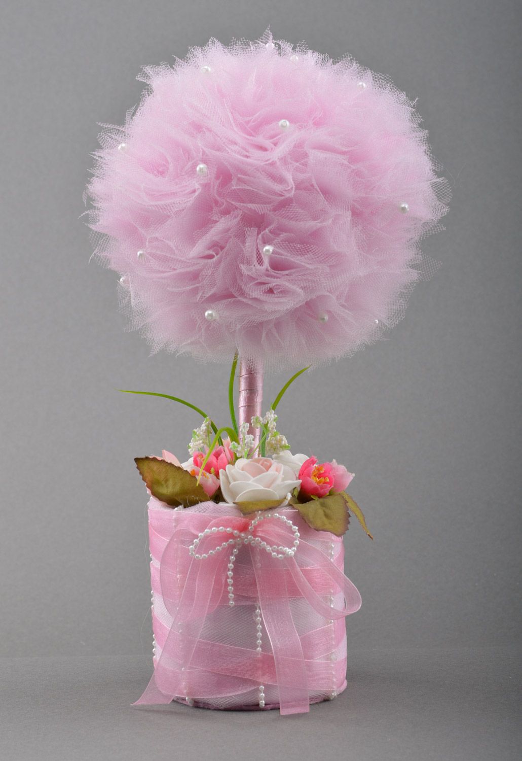 Handmade tender volume topiary tree with pink tulle and paper roses and lace photo 2