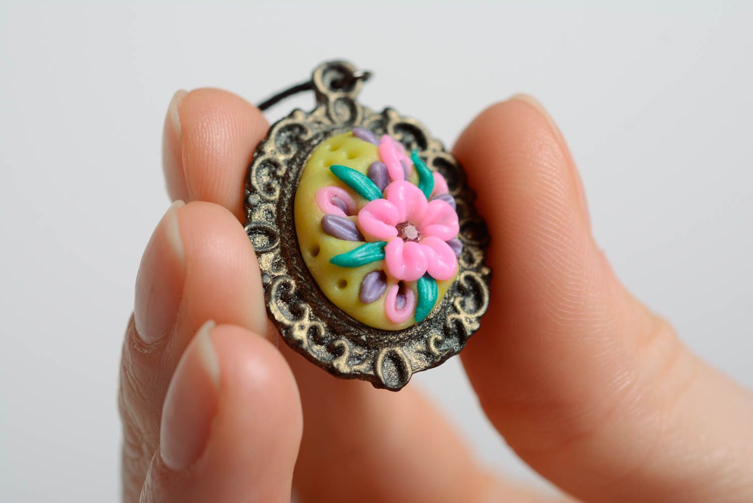 Beautiful handmade oval polymer clay flower pendant with cord photo 5