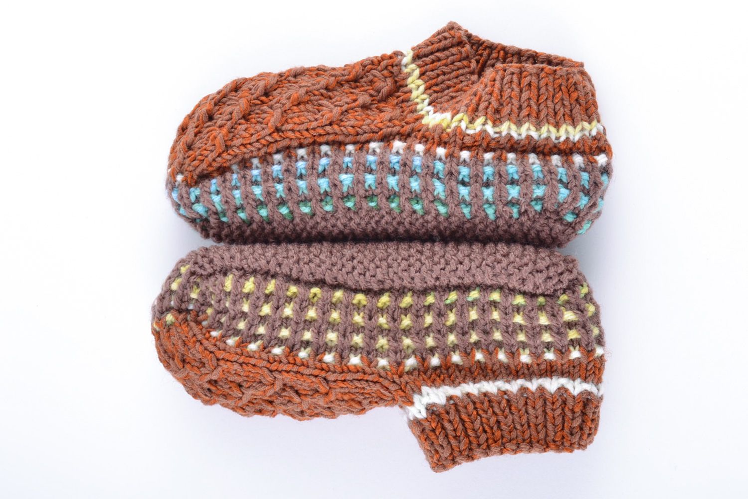Handmade women's slippers knitted of brown semi-woolen threads in ethnic style  photo 2