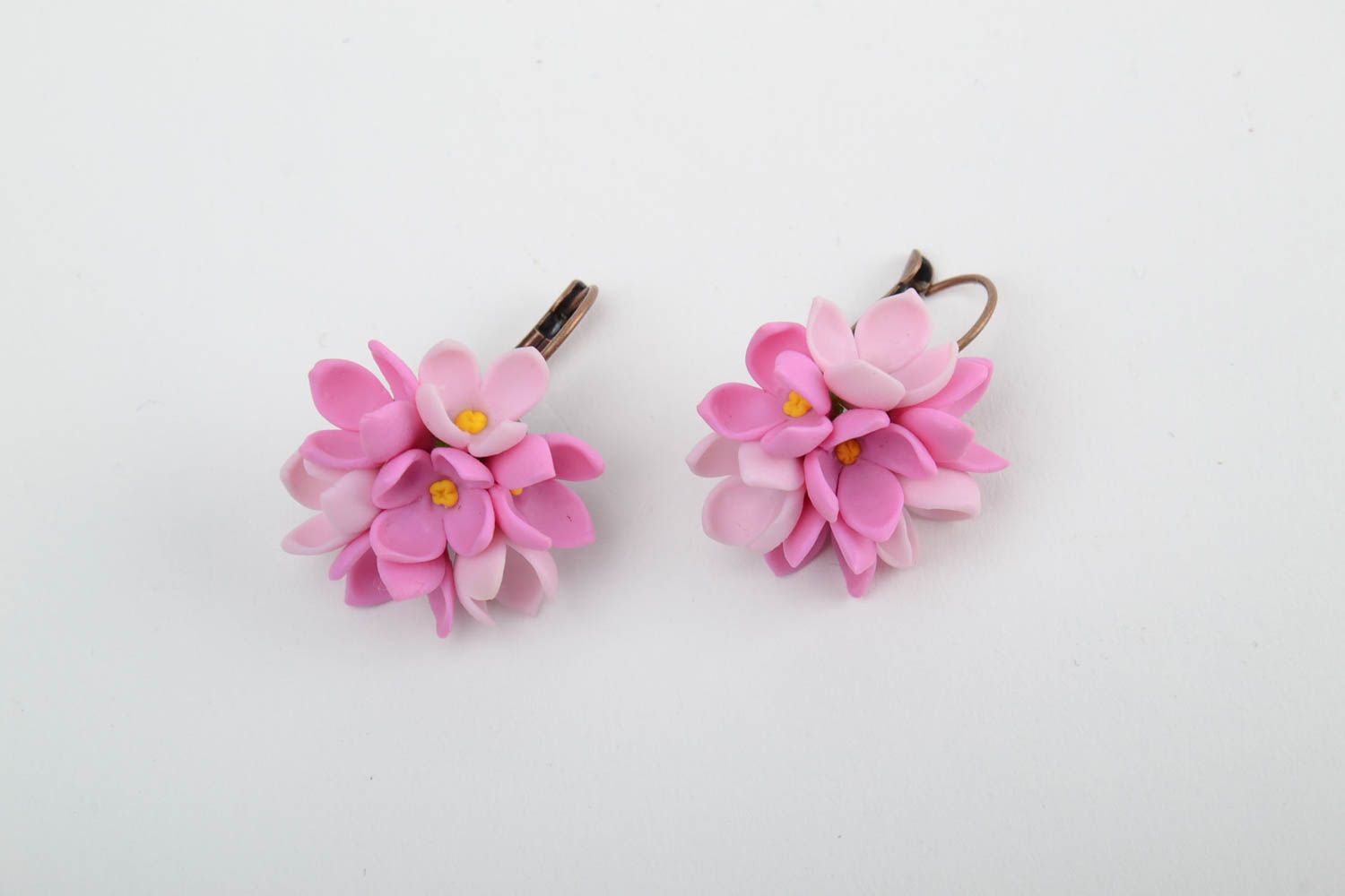 Handmade small festive earrings with tender pink cold porcelain lilac flowers photo 3