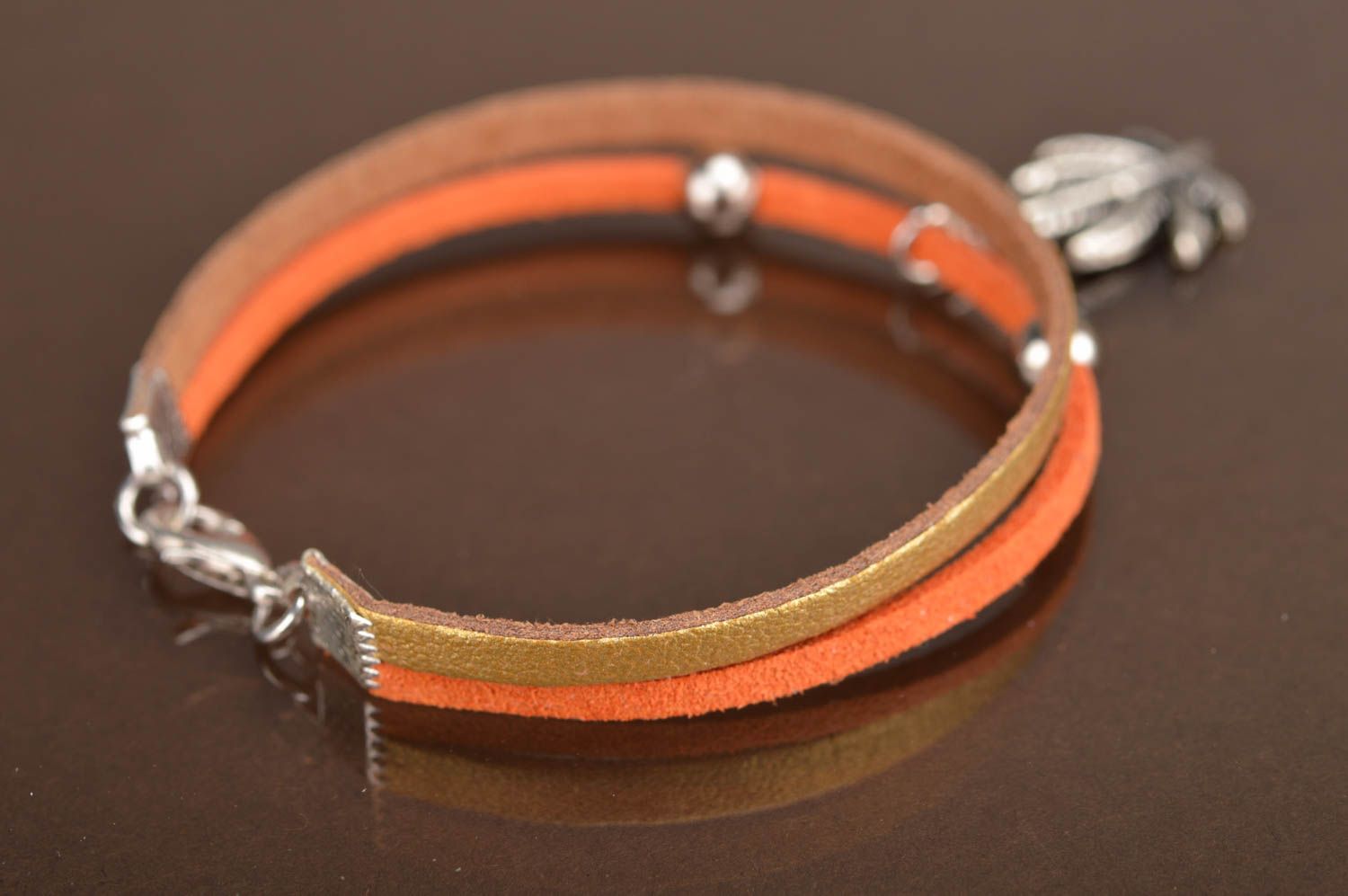 Handmade designer women's genuine leather cord bracelet with metal charm Leaf photo 3