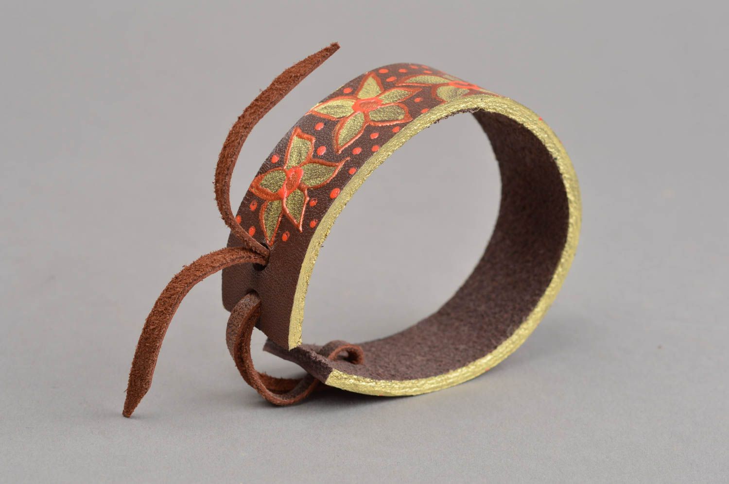 Bracelet cuir naturel Bijou fait main marron motif floral peint Accessoire femme photo 3