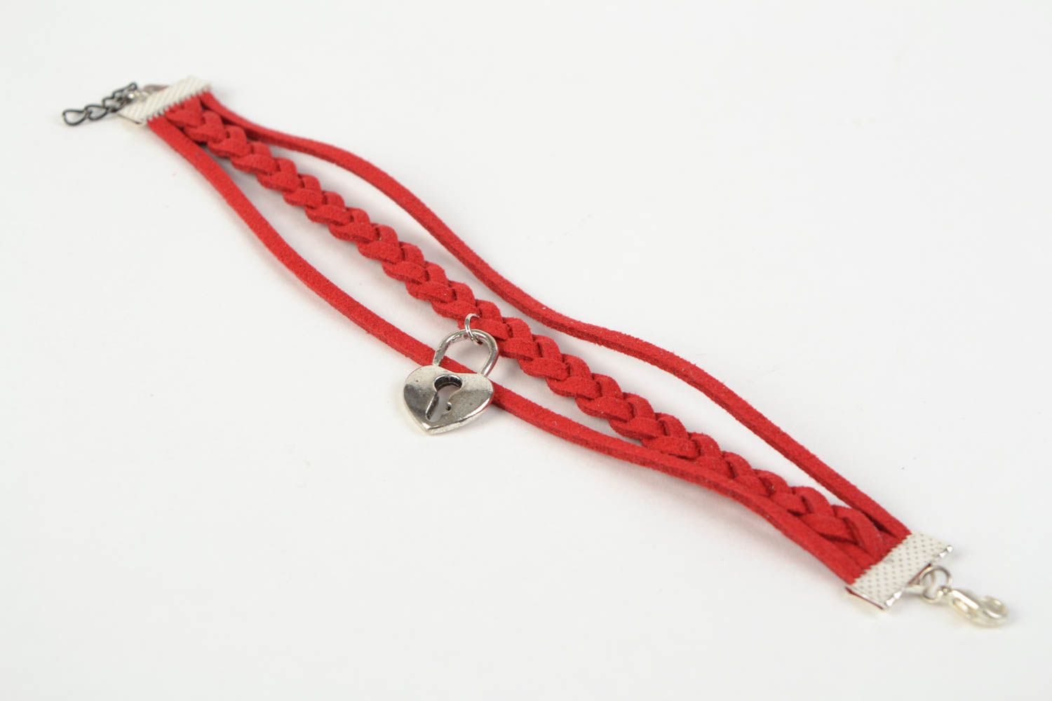 Stylish red handmade woven suede bracelet with metal heart shaped charm photo 5