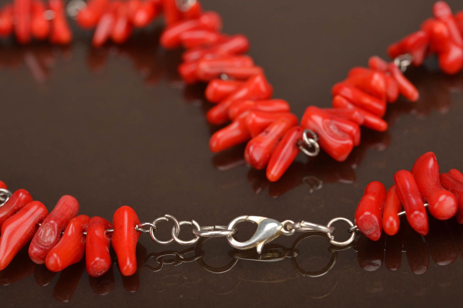 Handmade long designer women's necklace with natural bright red coral photo 5