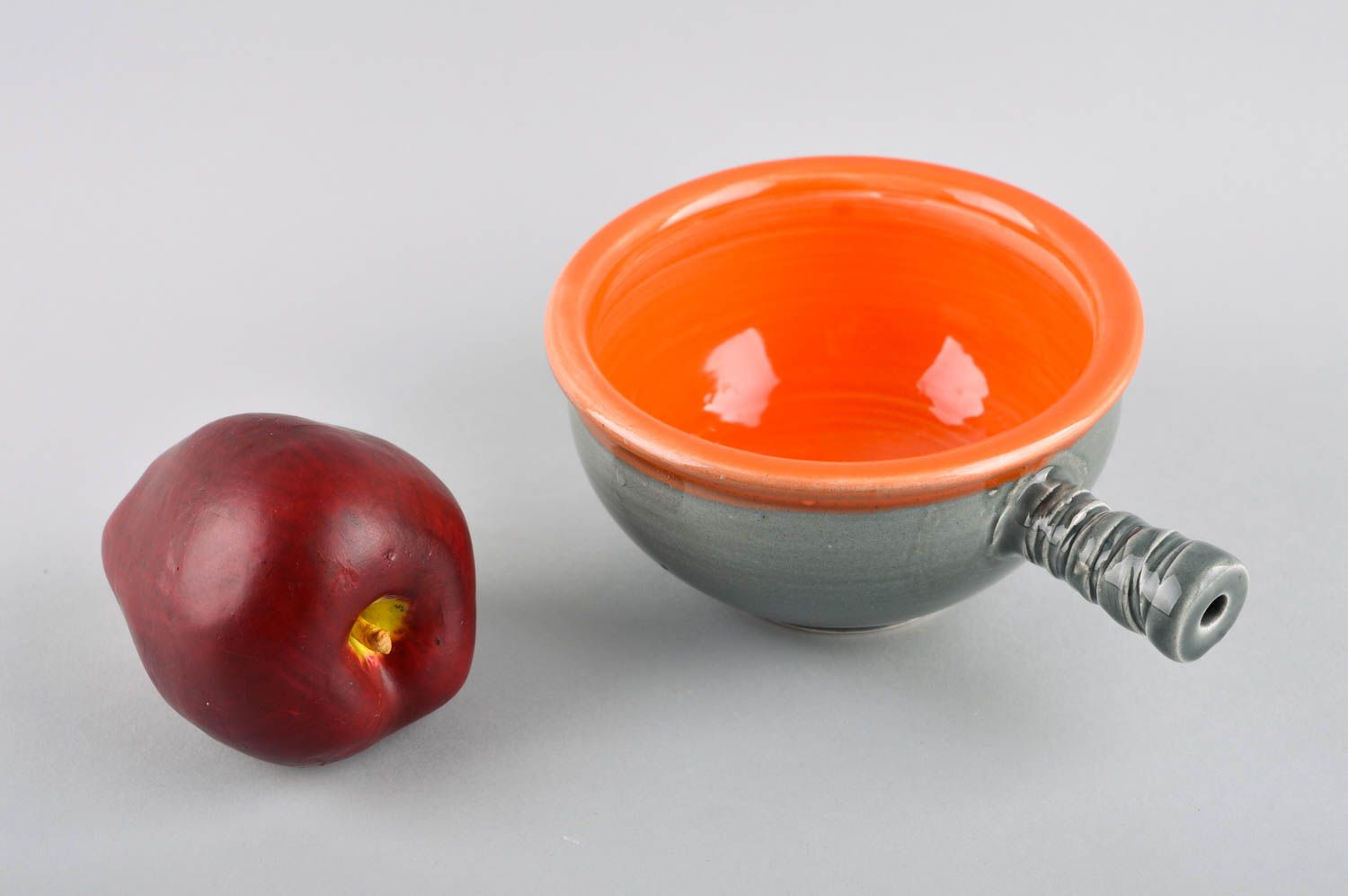 Миска для супа керамика ручной работы серая с оранжевым столовая посуда фото 1