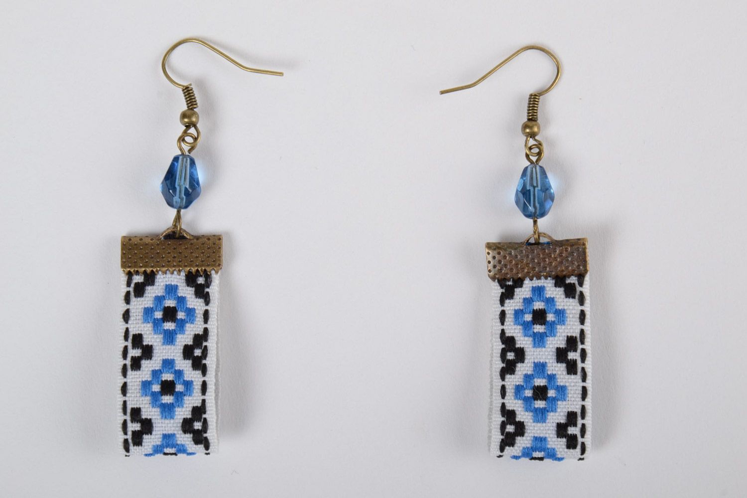 Handmade earrings made of lace with ethnic motifs white with blue for women photo 4