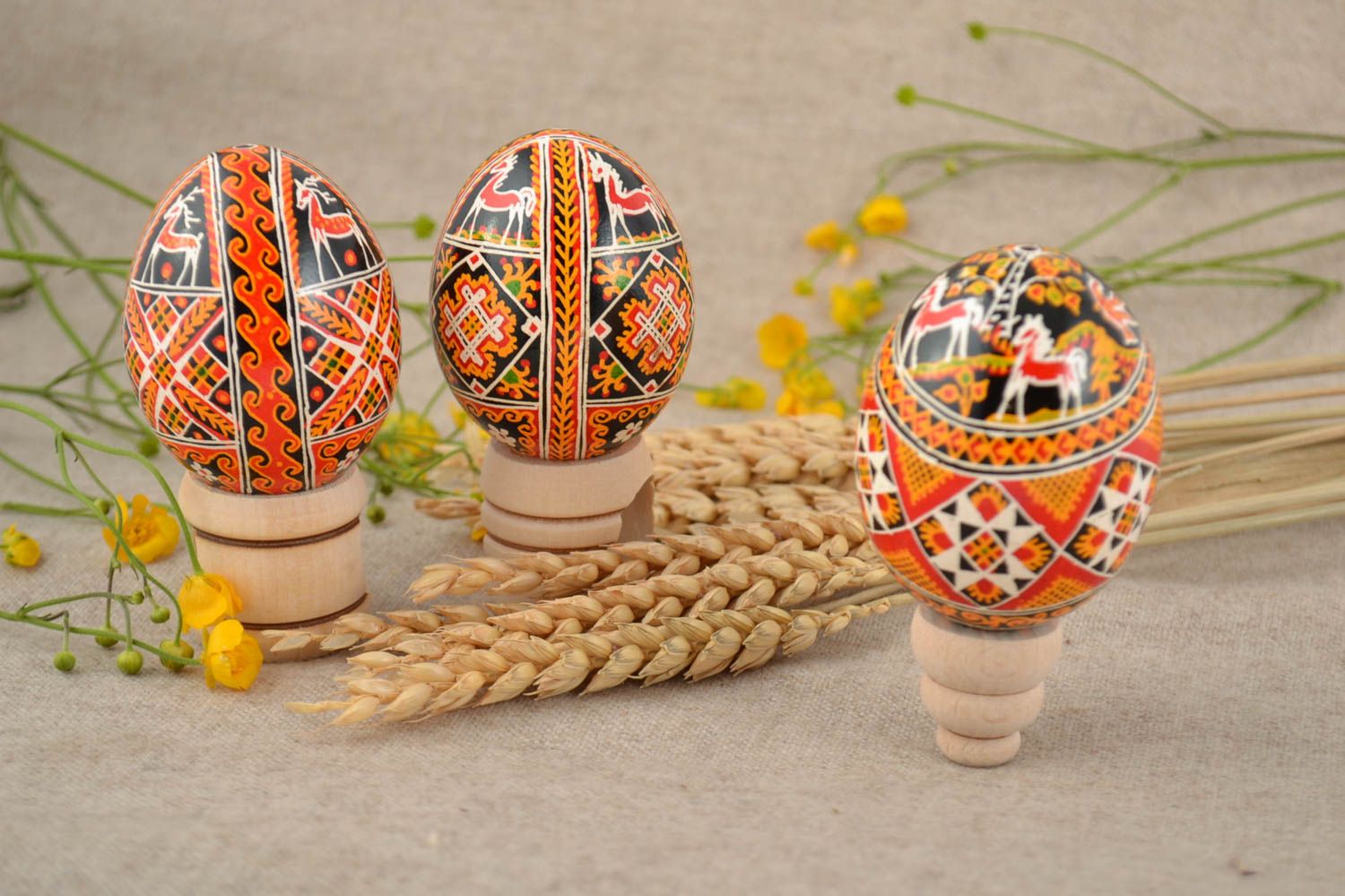 Beautiful colorful handmade painted Easter eggs set 3 pieces with Slavic symbols photo 1
