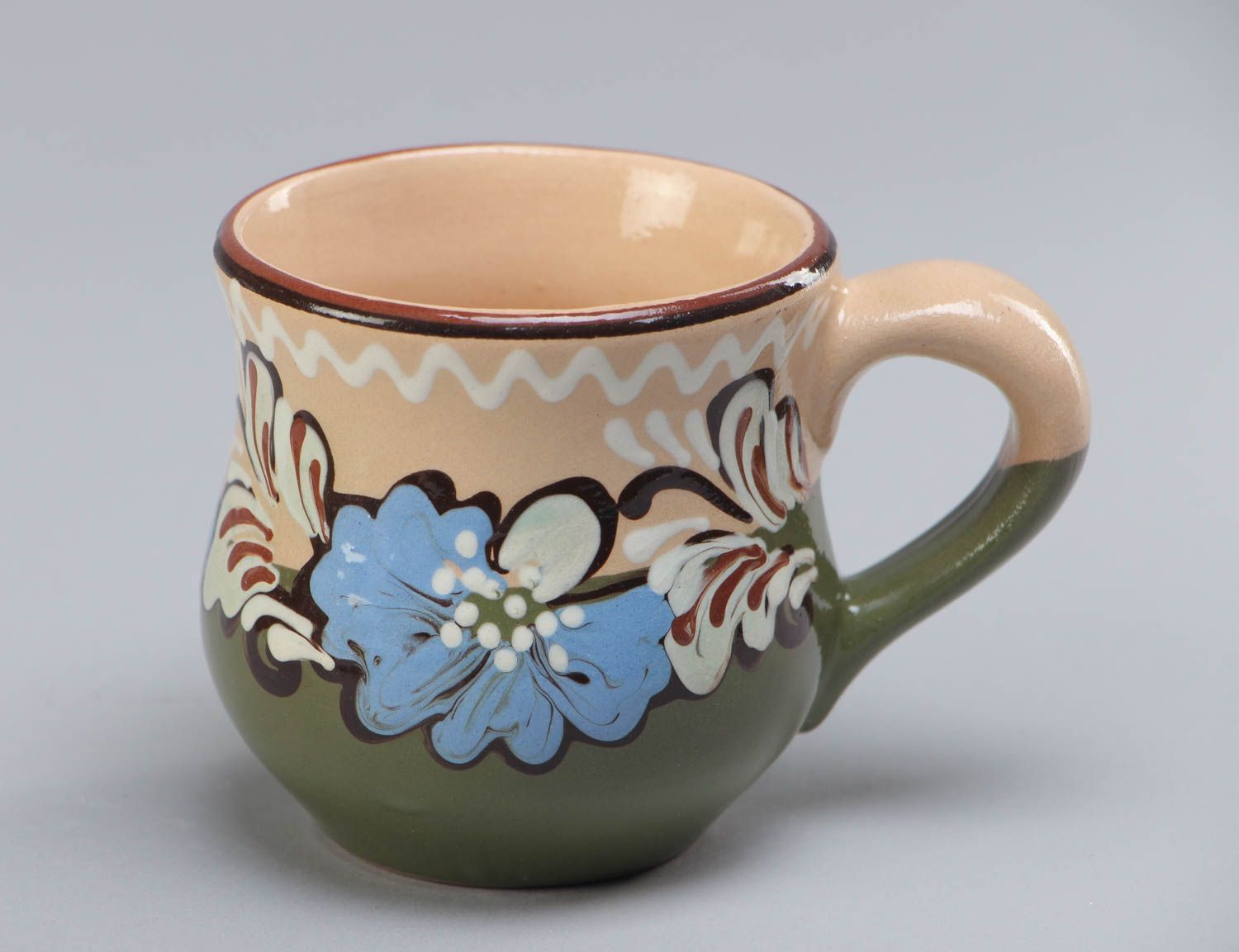 Clay glazed decorative coffee mug with blue flowers with handle 6 oz photo 2