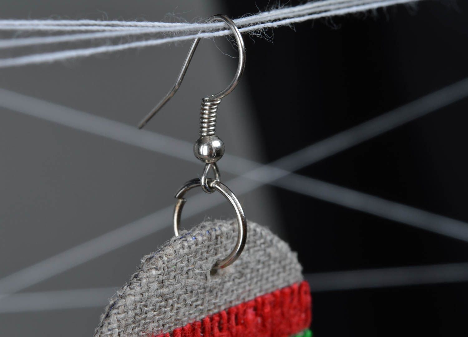 Handmade designer linen fabric dangling round earrings with carton basis photo 2