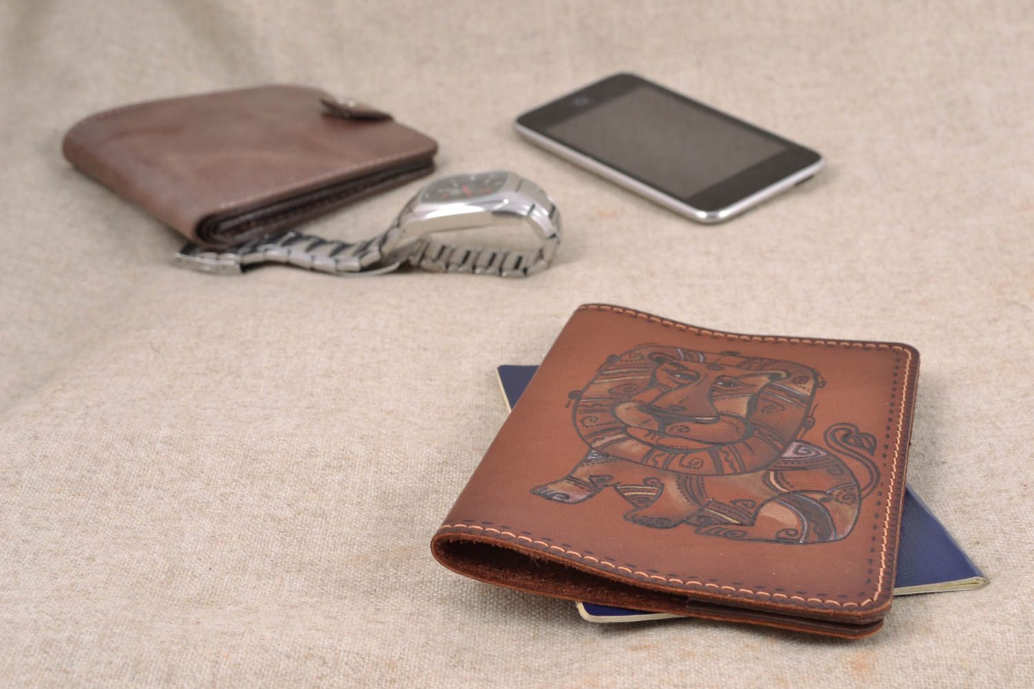 Stylish handmade leather passport cover of brown color with painting Lion photo 1