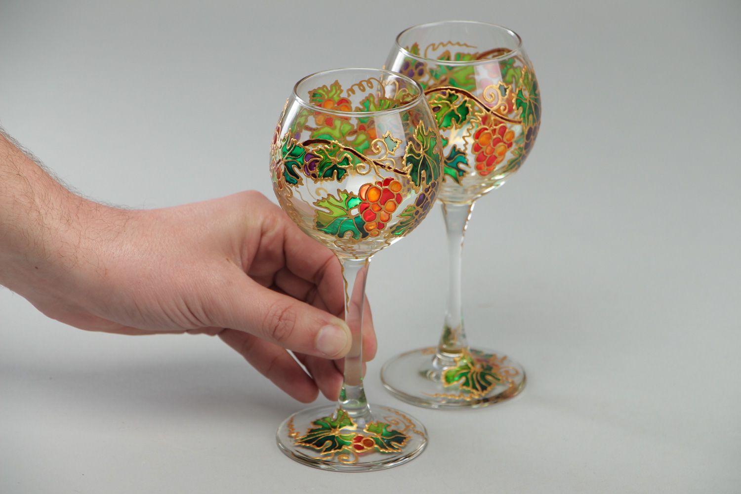 Set of designer wine glasses decorated with handmade stained glass painting 2 items photo 4