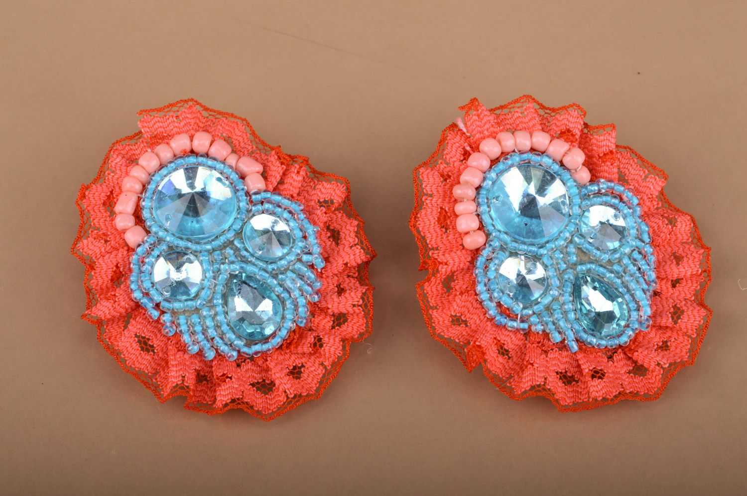 Handmade massive beaded earrings with stones and lace of red and blue colors photo 1