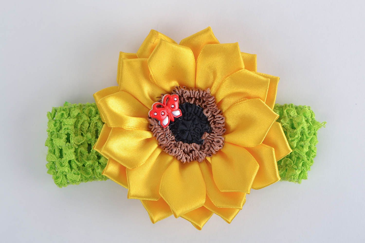 Handmade designer green headband with yellow satin ribbon kanzashi sunflower photo 3