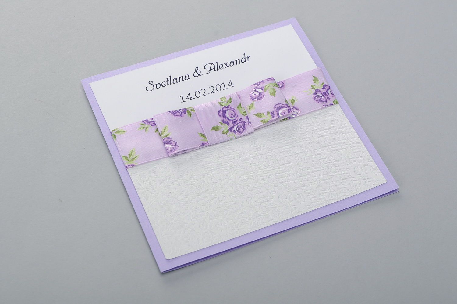 Wedding invitation of white and lilac color photo 3