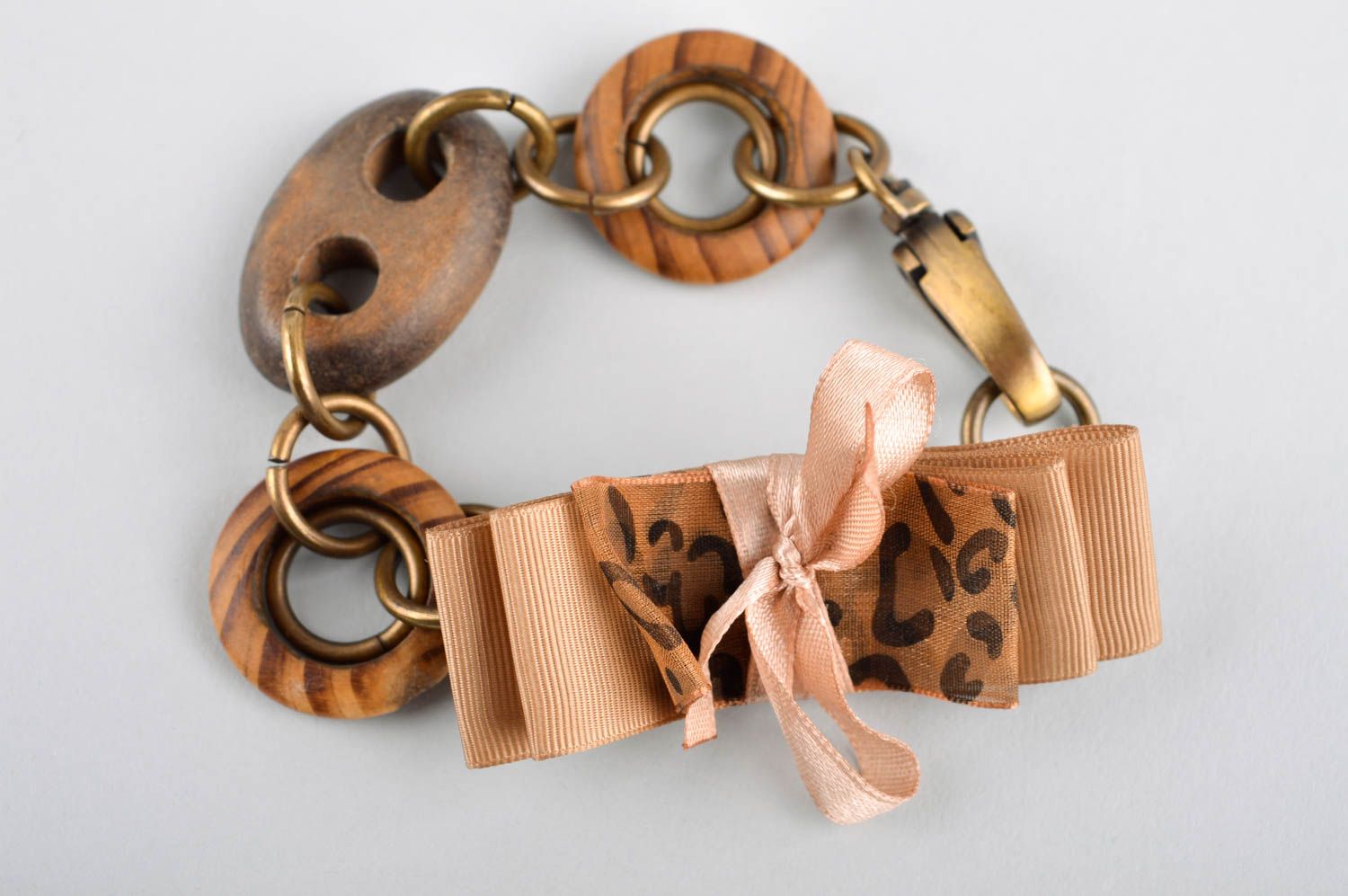 Bracelet bois rubans de reps Bijou fait main marron original Cadeau femme photo 2