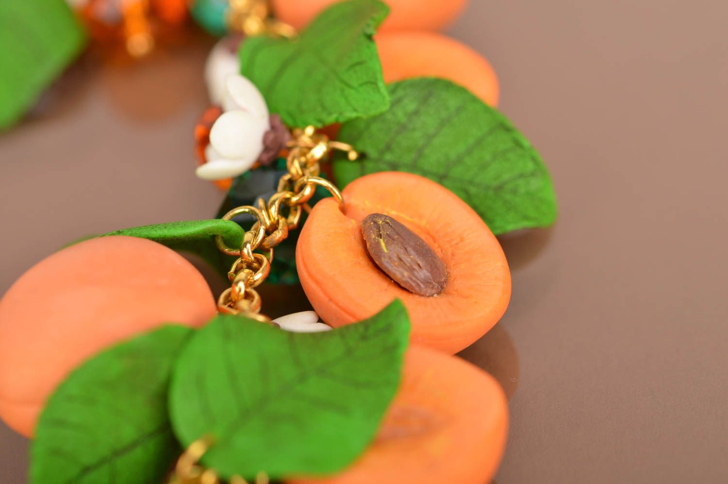 Apricot beads' bracelet with green leaves. Great gift for a woman photo 2
