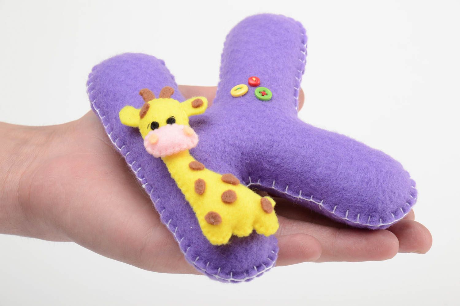 Handmade decorative soft letter K sewn of violet felt with yellow giraffe for kids photo 5