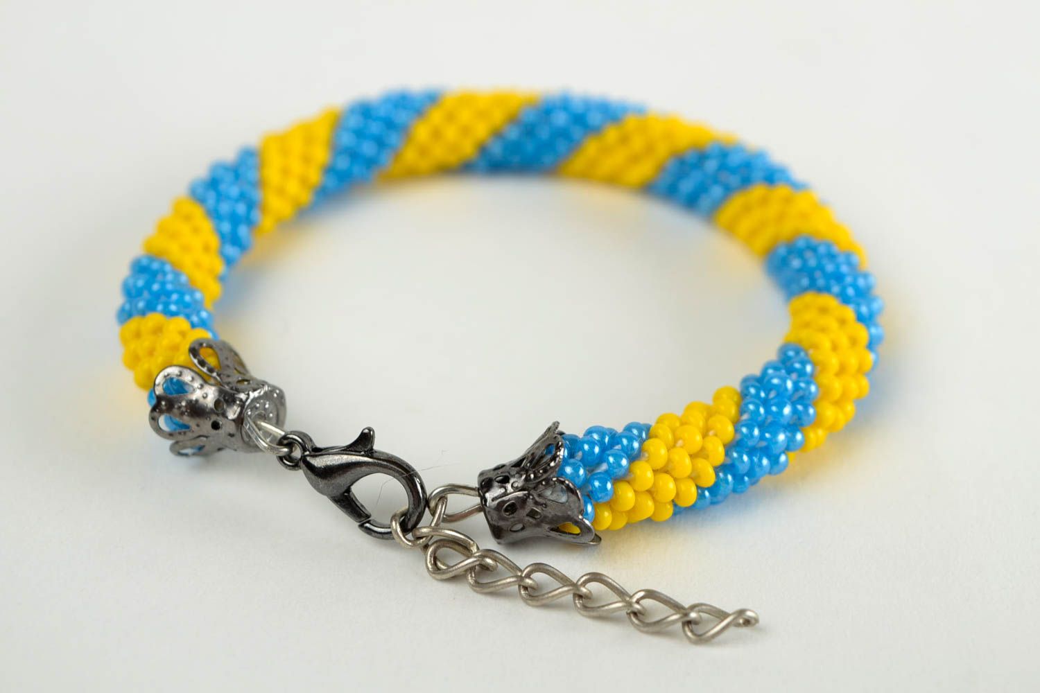 Handcrafted womans bracelet yellow and blue beaded accessory crocheted accessory photo 5