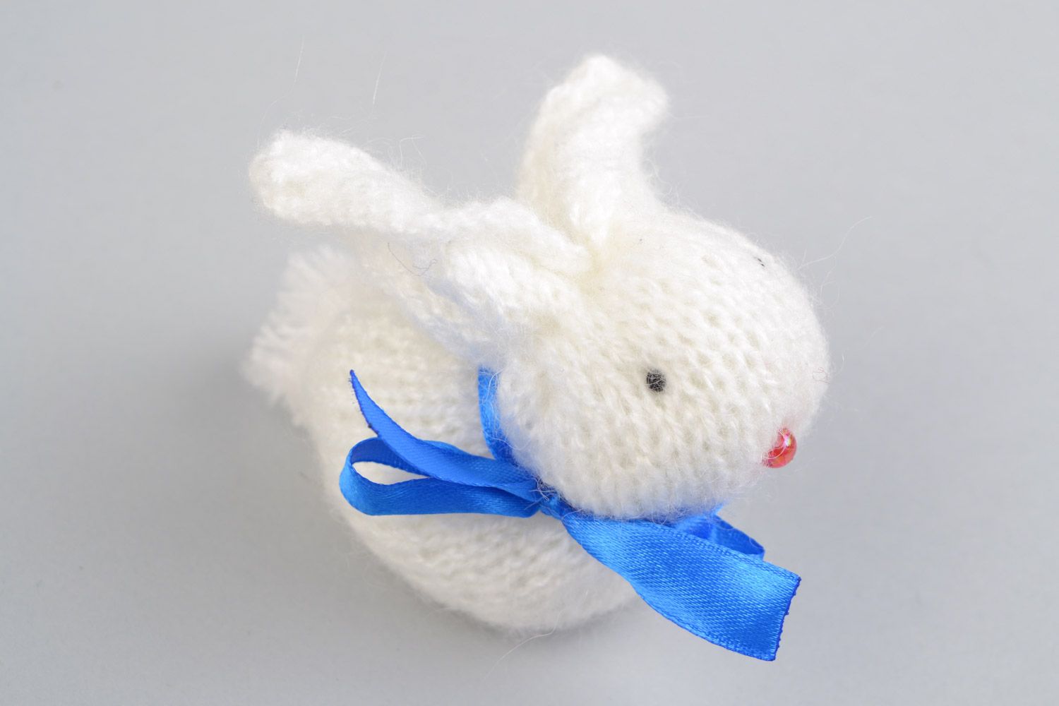 Handmade small soft toy Easter rabbit knit of angora wool with blue bow photo 5