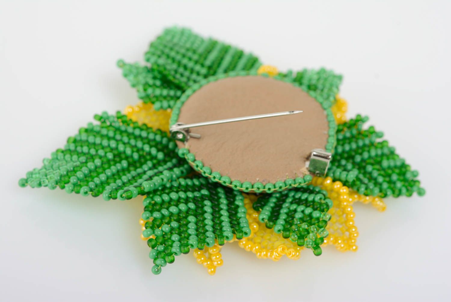 Bright beaded brooch in the form of sunflower woven manually summer accessory photo 3