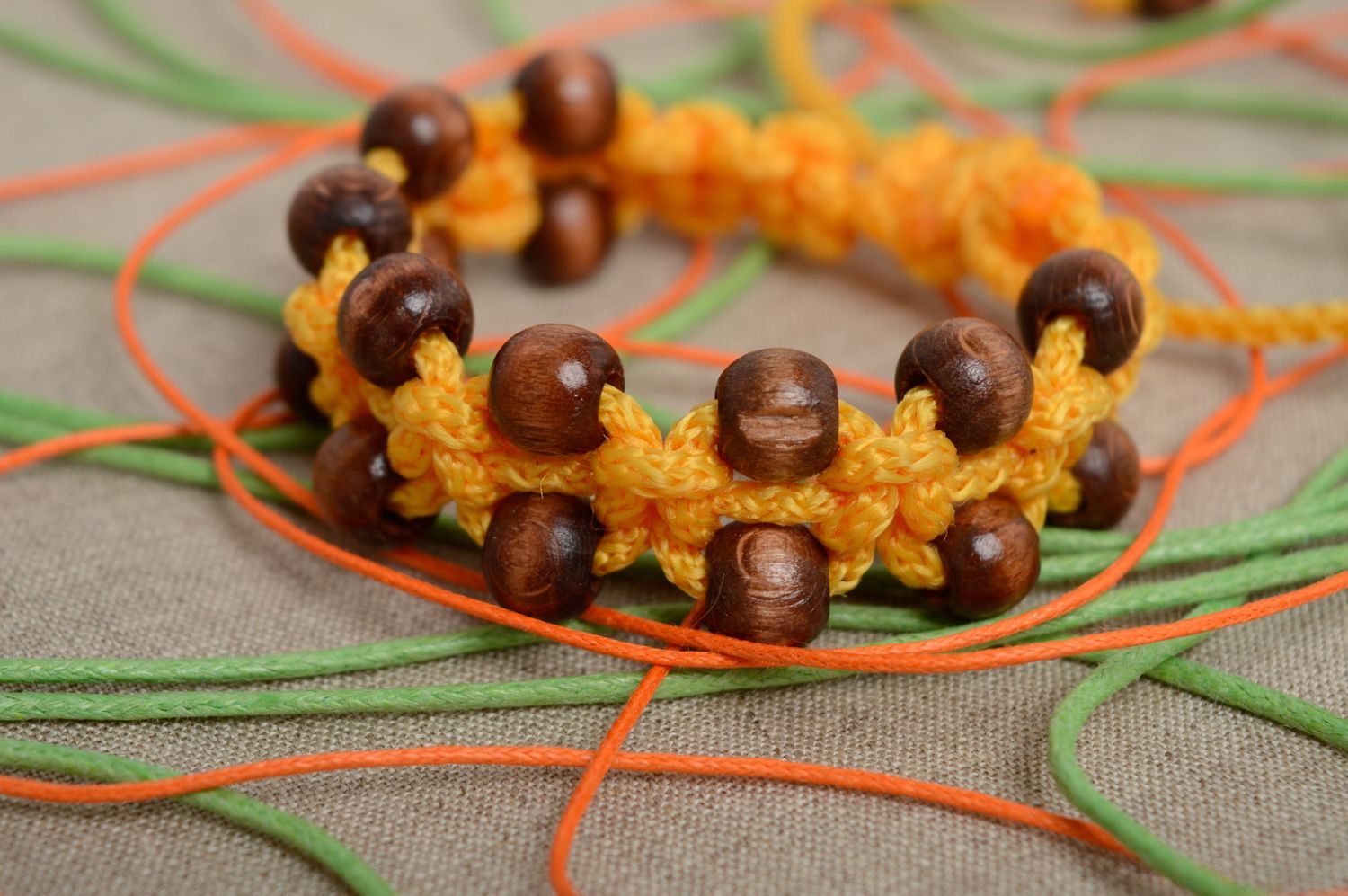 Macrame polyester cord bracelet of yellow color with wooden beads photo 2