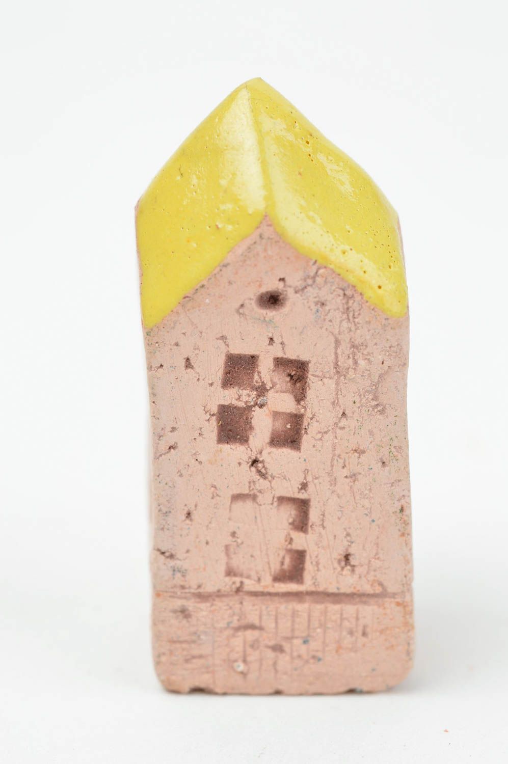 Maisonnette miniature céramique brun clair avec toit jaune faite main originale photo 4