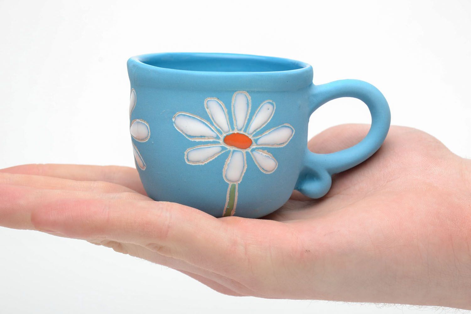 Small kids' ceramic clay 3 oz cup in blue color with camomile pattern photo 5