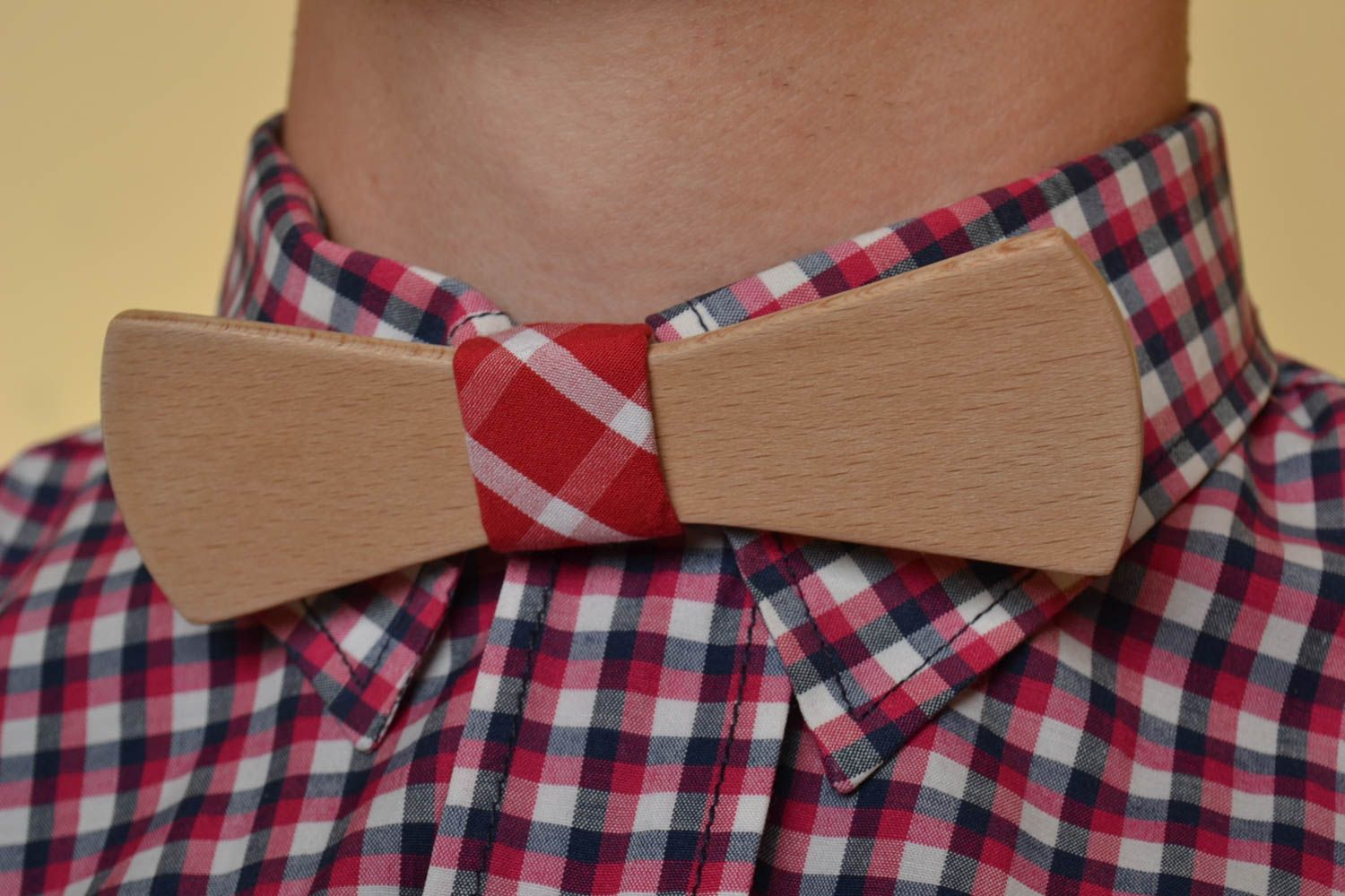 Beautiful handmade designer wooden bow tie with checkered red fabric strap photo 1