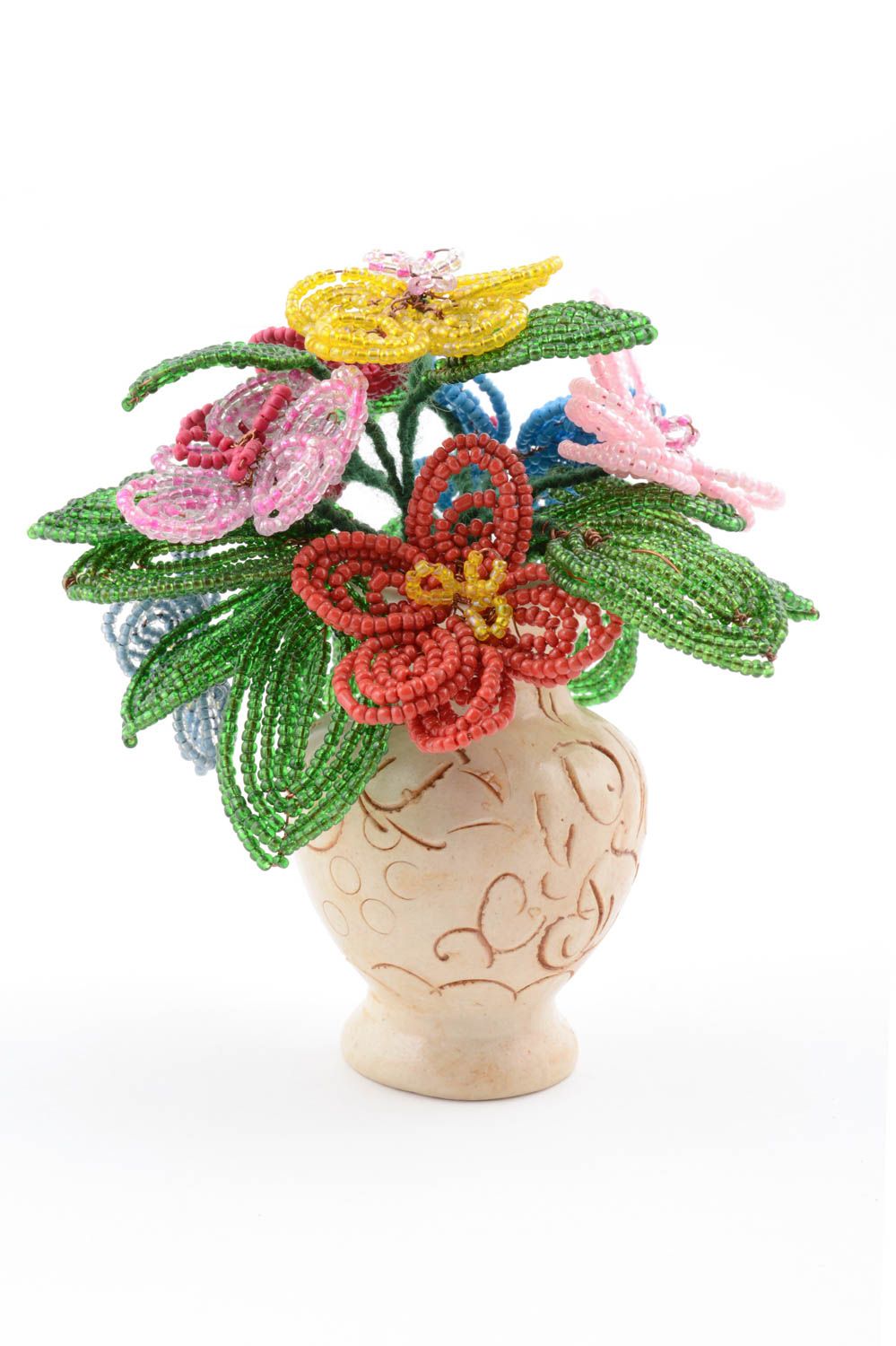 Оригинальная ваза с цветами из бисера ручной работы красивая декор для дома фото 4