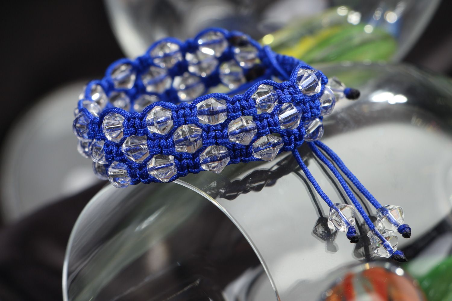 Handmade blue friendship bracelet with synthetic thread and faceted glass beads photo 4