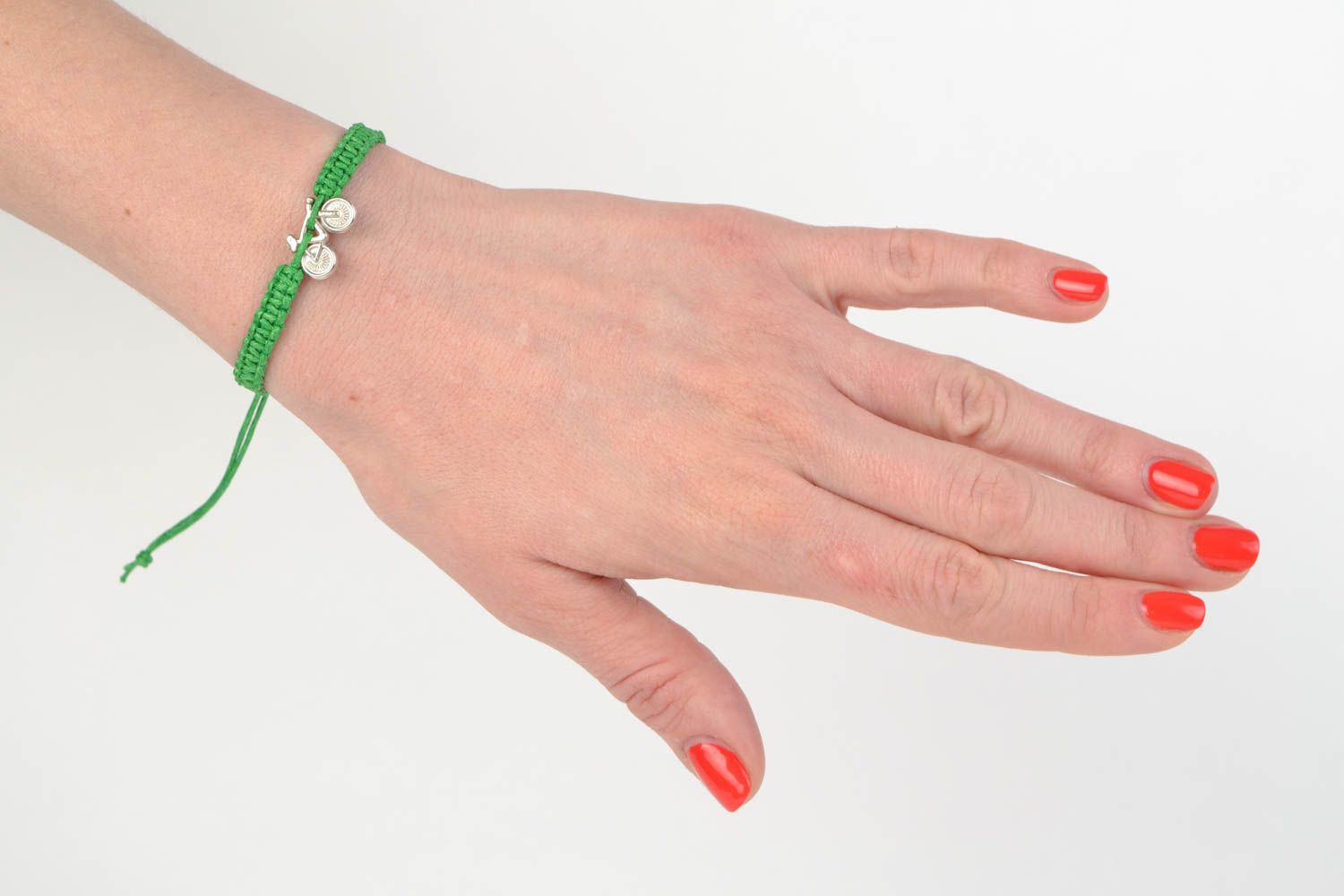 Handmade braided unisex stylish cord bracelet with charm Green Bicycle  photo 2