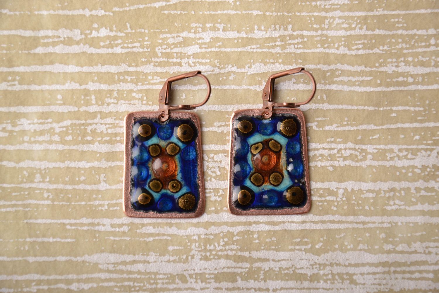Copper earrings painted with enamels in blue color palette photo 1