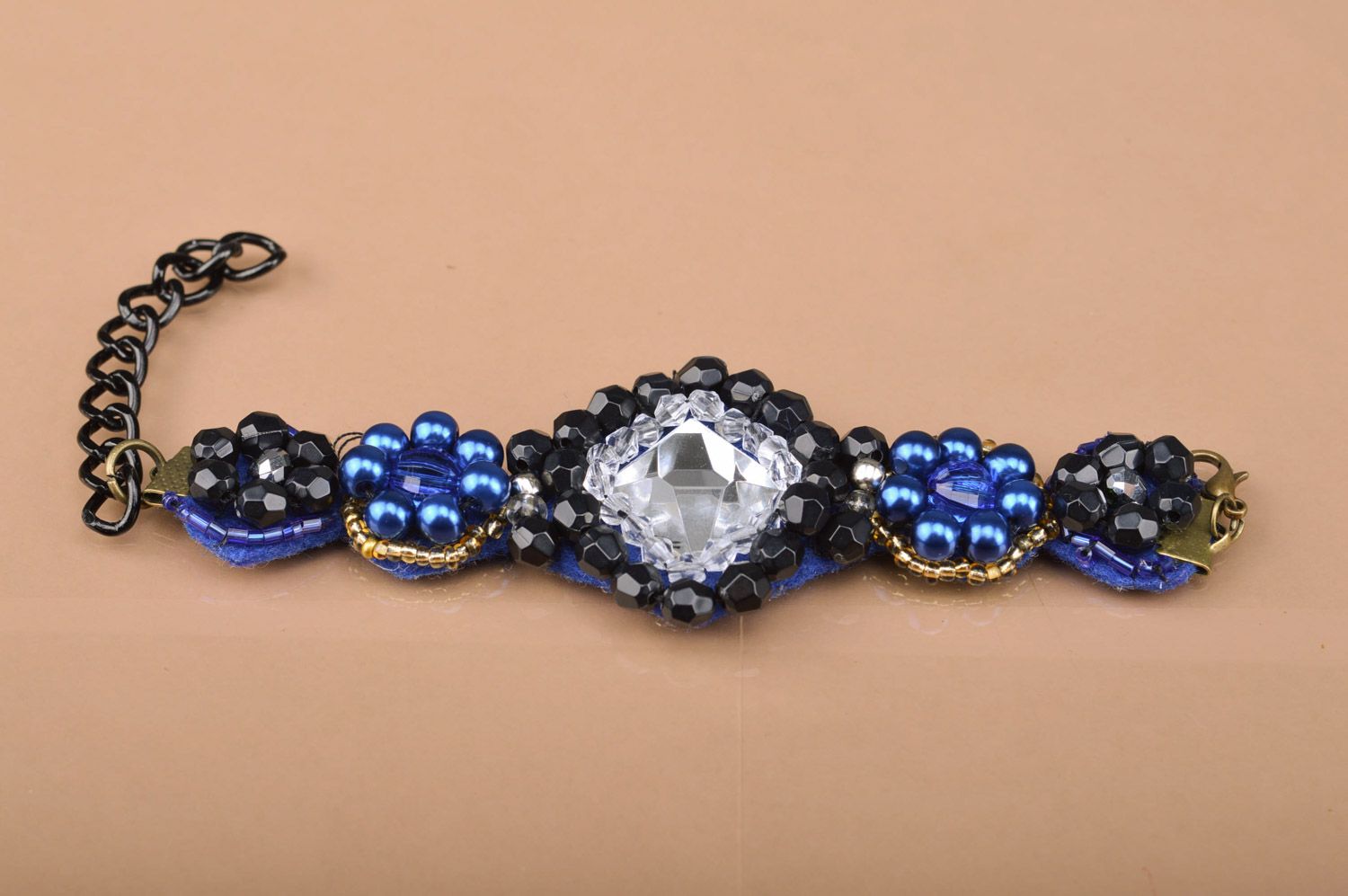Elegant evening beaded wrist bracelet with chain in blue color palette handmade photo 3