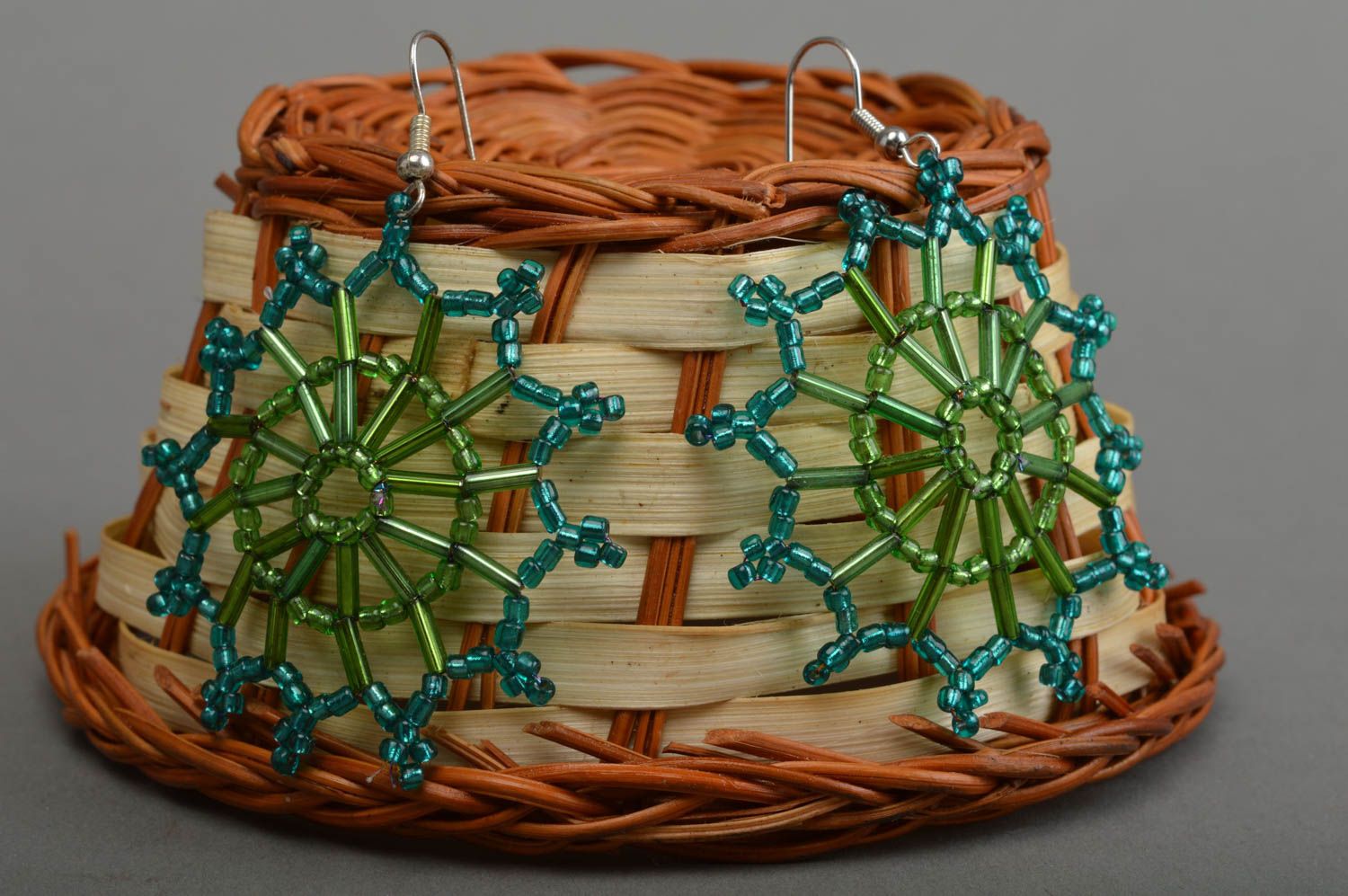 Handmade woven earrings beaded unusual accessories stylish jewelry gift photo 1