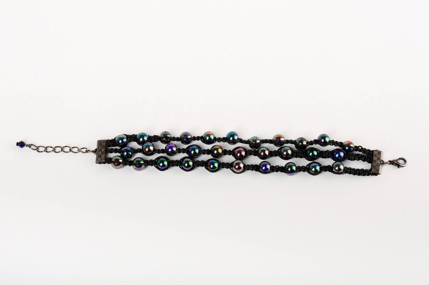 Handmade beautiful black bracelet made of ceramic pearls using macrame technique photo 3