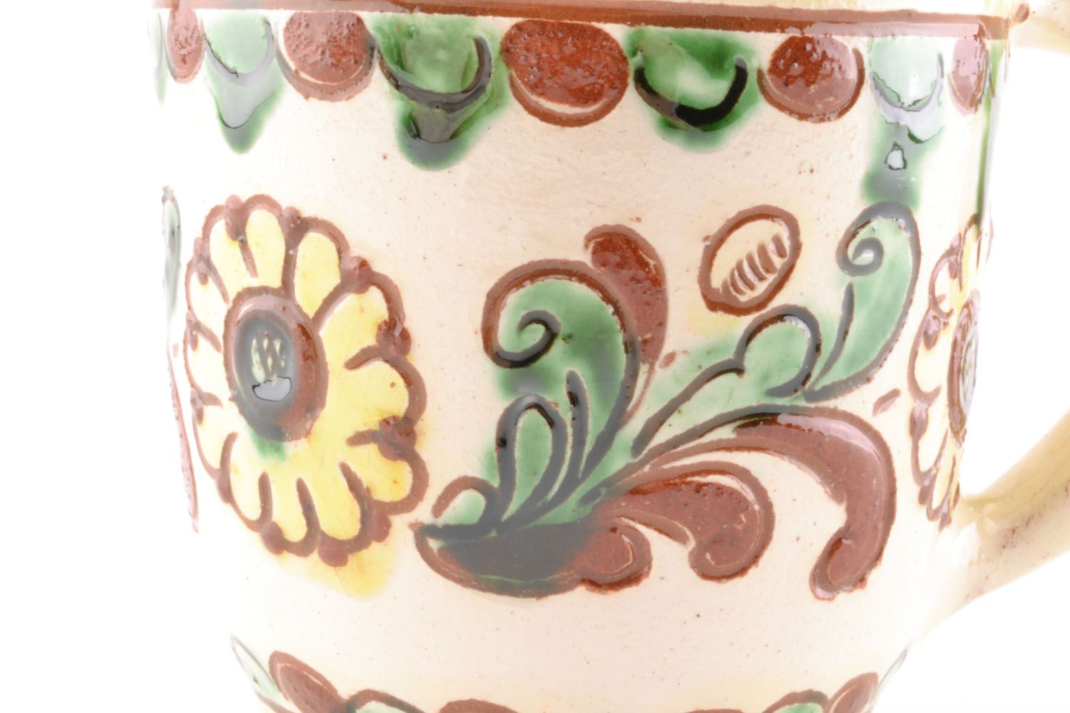 Decorative clay glazed cup in beige, cherry, and green colors with handle photo 3