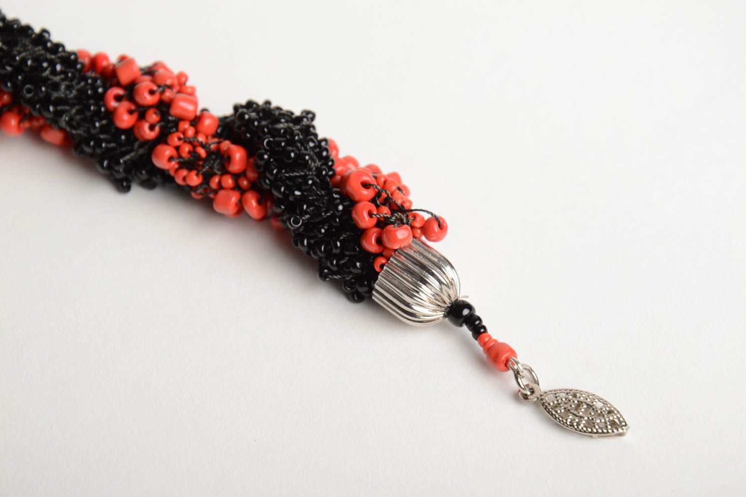 Handmade volume woven wrist bracelet crocheted of red and black Czech beads photo 5
