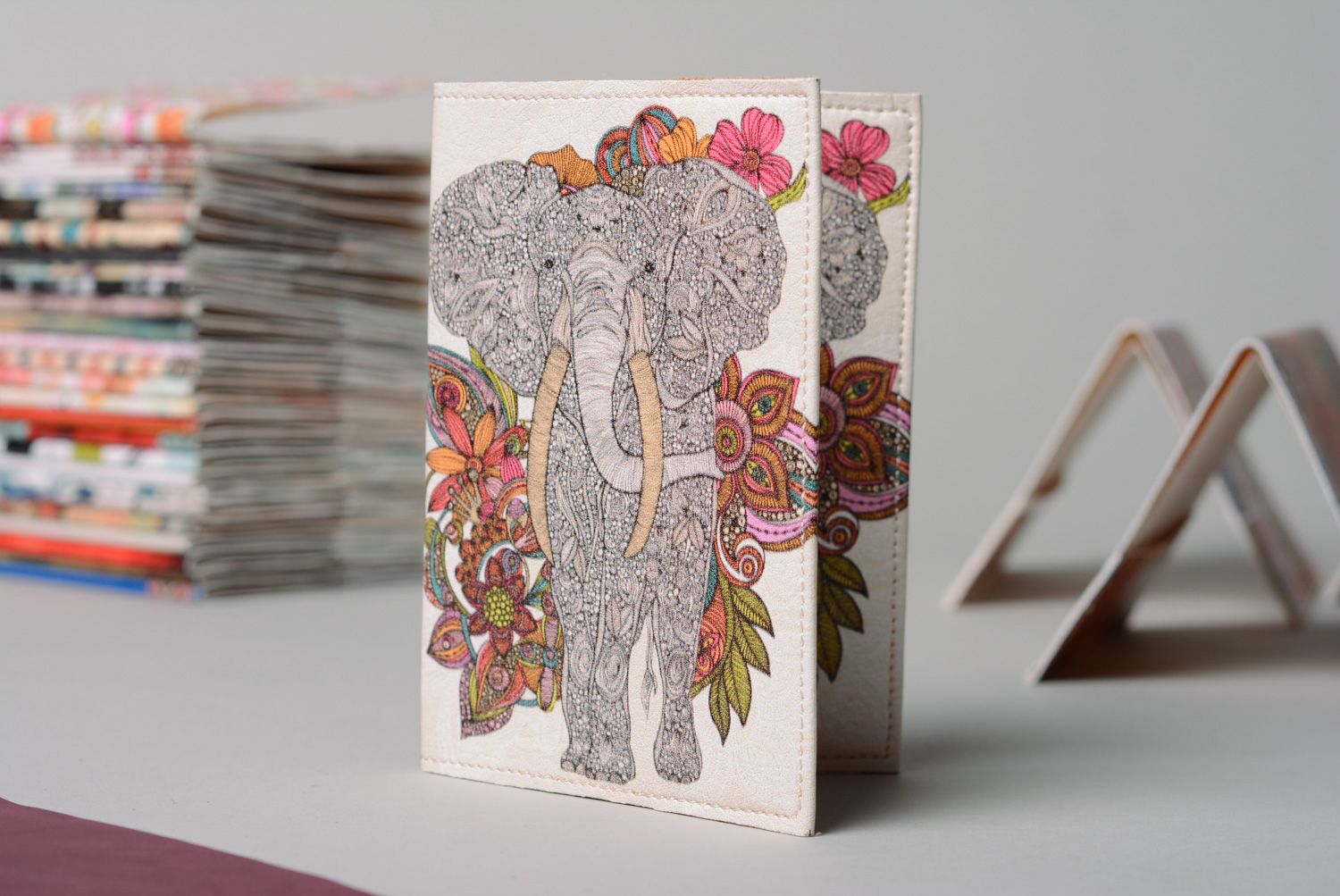 Homemade leather passport cover with print Elephant photo 1