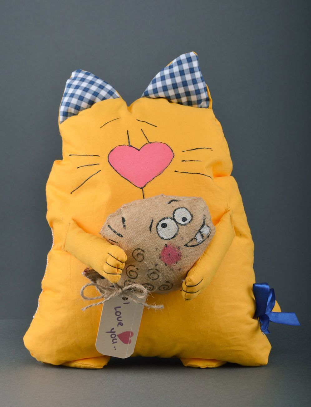 Large handmade aroma sachet pillow yellow toy cat with herbs inside photo 1