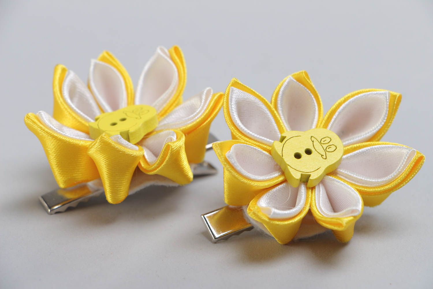 Set of handmade hairpins made using kanzashi technique in yellow color for children photo 3